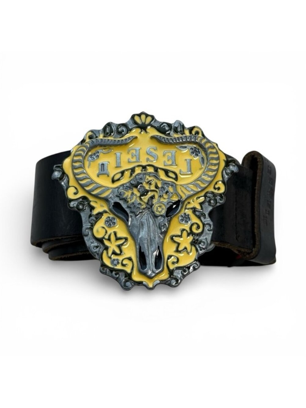 Vintage Y2K Diesel Leather Belt Size 34 Made in Italy Western Bull Skull - Picture 3 of 9
